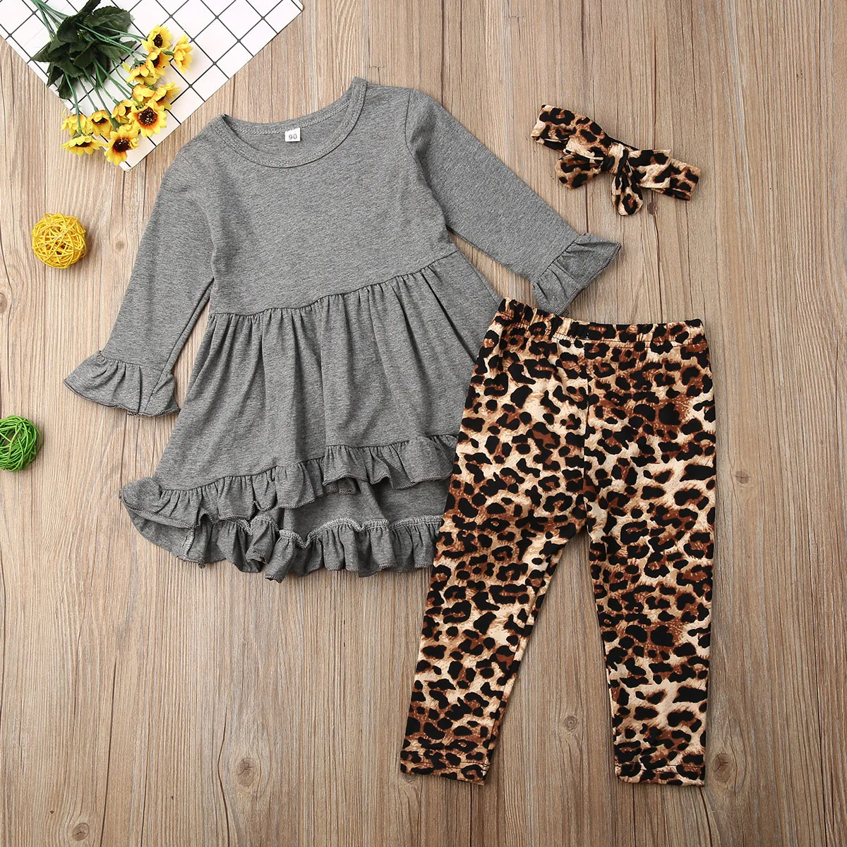 Toddler Kid Baby Girl Sets Top Long Sleeve Solid Ruffles Dress Leopard Print Pants Headband 3PCs Outfits Cute Clothes 1-6T