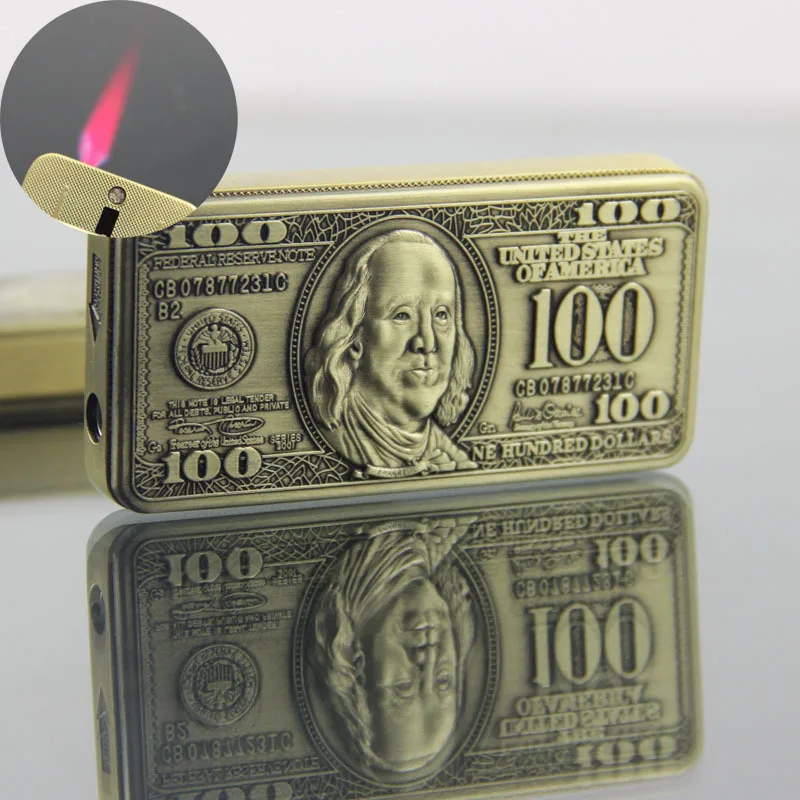 

Creative 100 Dollar Jet Torch Lighter Ultra Thin Metal Straight Flame Butane Compact Refillable Gas Windproof Lighter Men's Gift