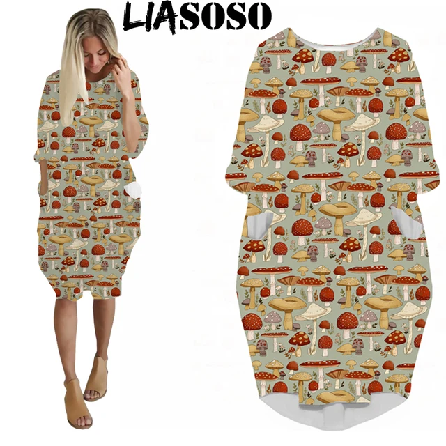 LIASOSO Plant Mushroom Print Sundress Lady Street Interesting Fashion Trend Wild Loose Long Sleeve Over The Knee Dress Women Y2K 02