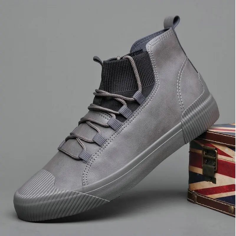 New Hot sale fashion male casual shoes high top lace up Men's leather casual Sneakers fashion Black GRAY flats shoes A21-89
