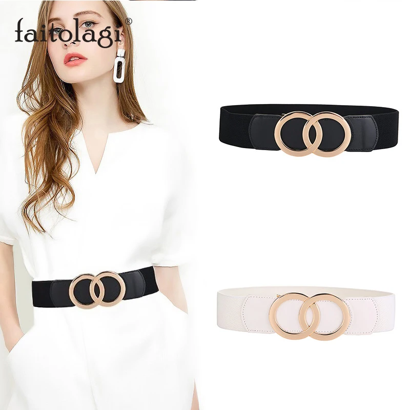 

PU Leather Gold Waist Belt for Women Double Rings Buckle Wide Ladies Belt for Dress Coat Elastic Stretch Nylon Female Waistband