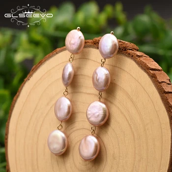 

GLSEEVO Natural Fresh Water Pink Round Baroque Pearl Drop Long Earring For Women's Jewelry Wedding Gift Girls Engagement GE0841A