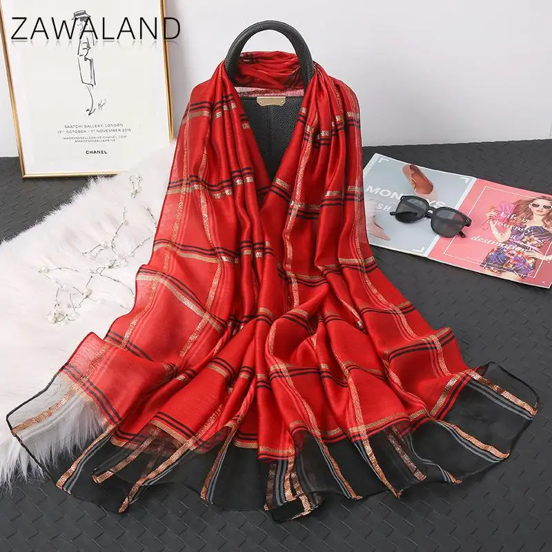 

Zawaland 2021 Classic Plaid Scarf Fashion Thin Air-conditioning Shawl Outdoor Sun Protection Beach Shawl Girl Women Silk Scarves