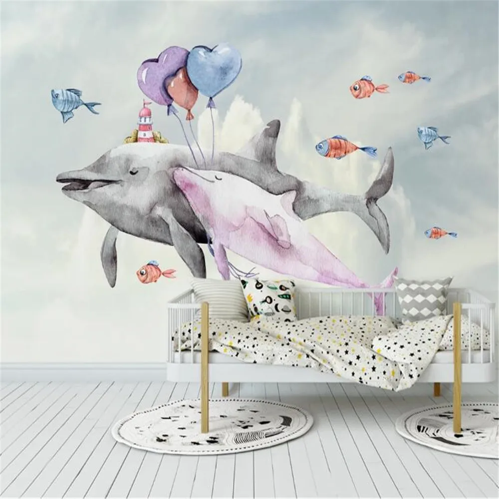 

Milofi custom large wallpaper mural cute balloon dolphin Nordic hand-painted children's room background wall