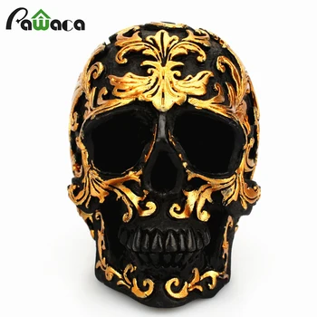 

New Resin Craft Black Skull Head Golden Carving Halloween Party Decoration Skull Sculpture Ornaments Home Decoration Accessories