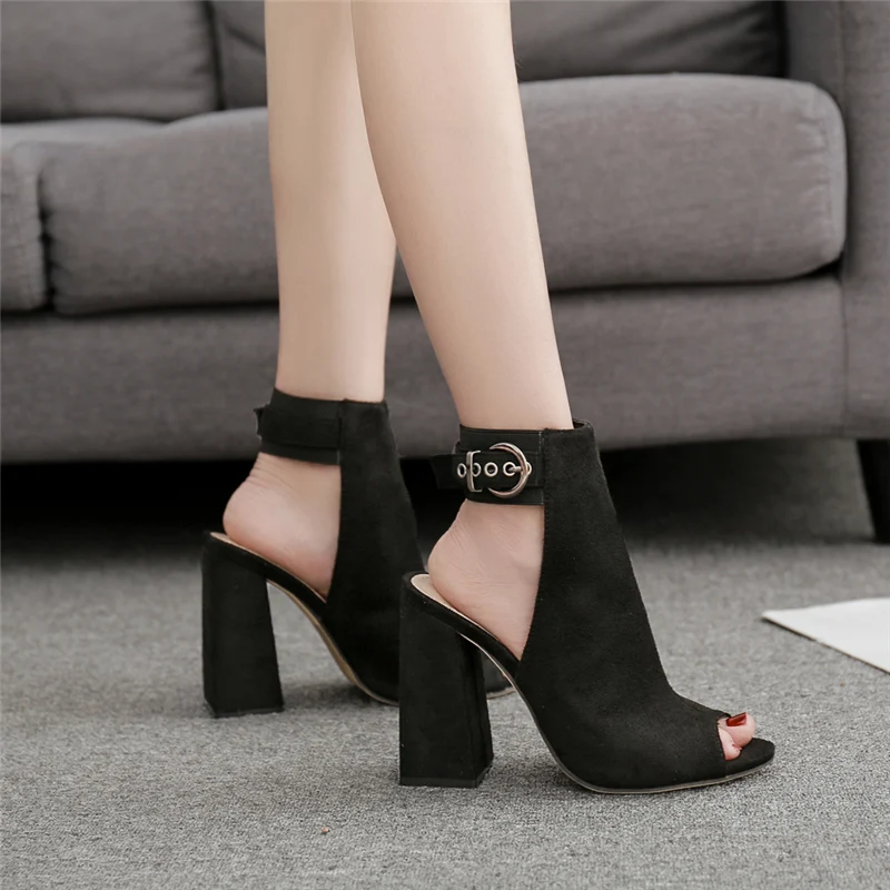 Women Summer Sandals Block 11.5cm High Heels Peep Toe Chunky Boots Sandals Lady Buckle Strap Pumps Brown Slingback Shoes