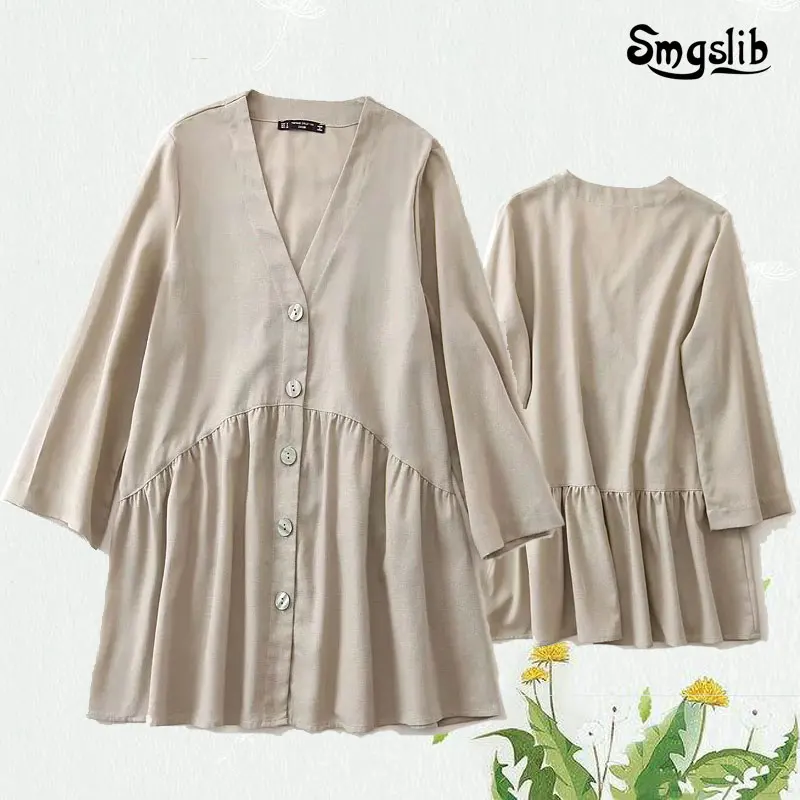 

2019 women's blouse lndie folk solid simple single breasted linen v-neck shirt loose home-style comfortable the latest