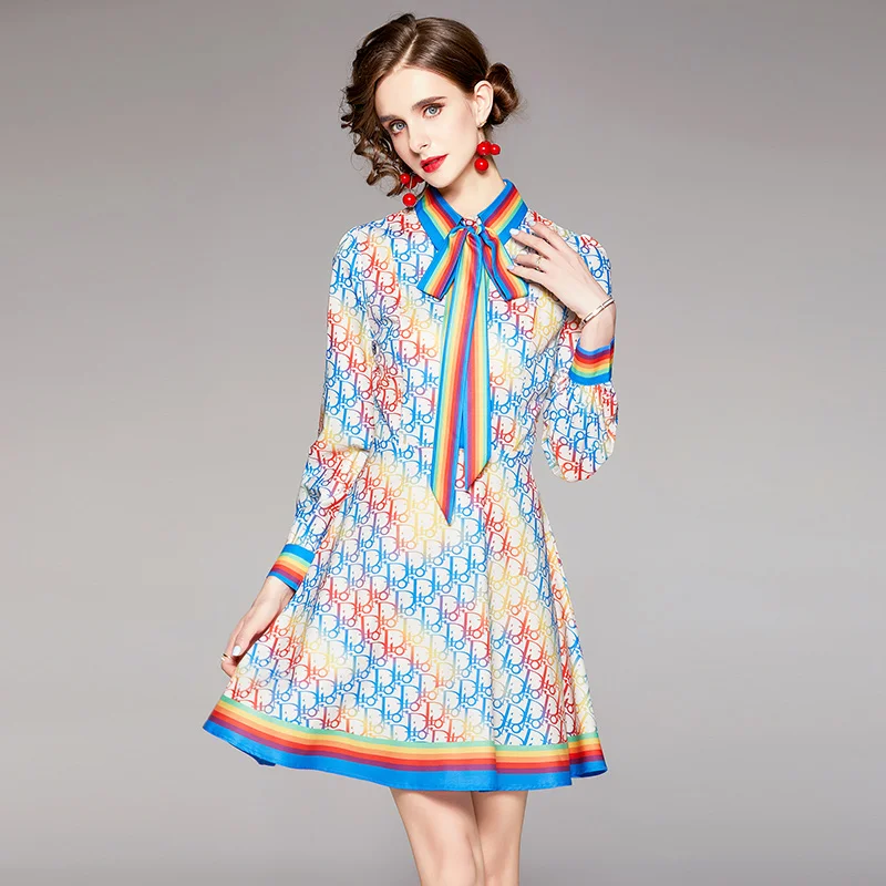 

2021 New Women Dresses Printing A-LINE Bow Knee-Length Elegant Women Dress Office Lady Party Night Vintage Women Autumn Dresses