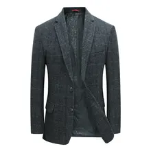 

Man Wool Tweed Blazer Plaid Woolen Fabric Jacket Suit Costumn Homme Notched Collar Cuff Button Design Coats Blue Blazer for Men