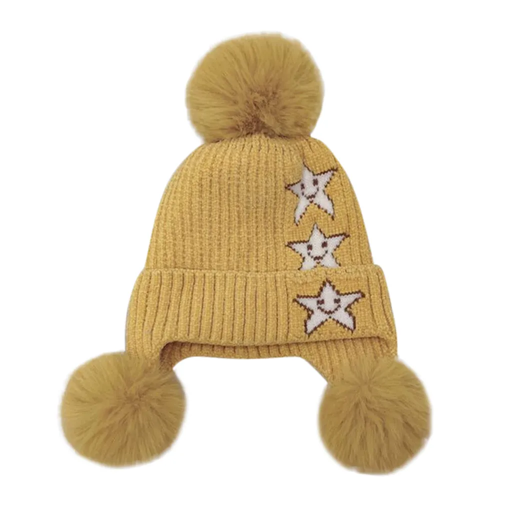 Теплая вязаная шапка-ушанка с помпоном для новорожденных мальчиков и девочек со звездным принтом; детская зимняя шапка; аксессуары; шапка для детей