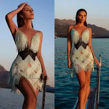 Tassels Special Occasion Beach Vacation Samba Pool Party Performer Cocktail Spaghetti Straps Beading Short Celebrity Club Wear