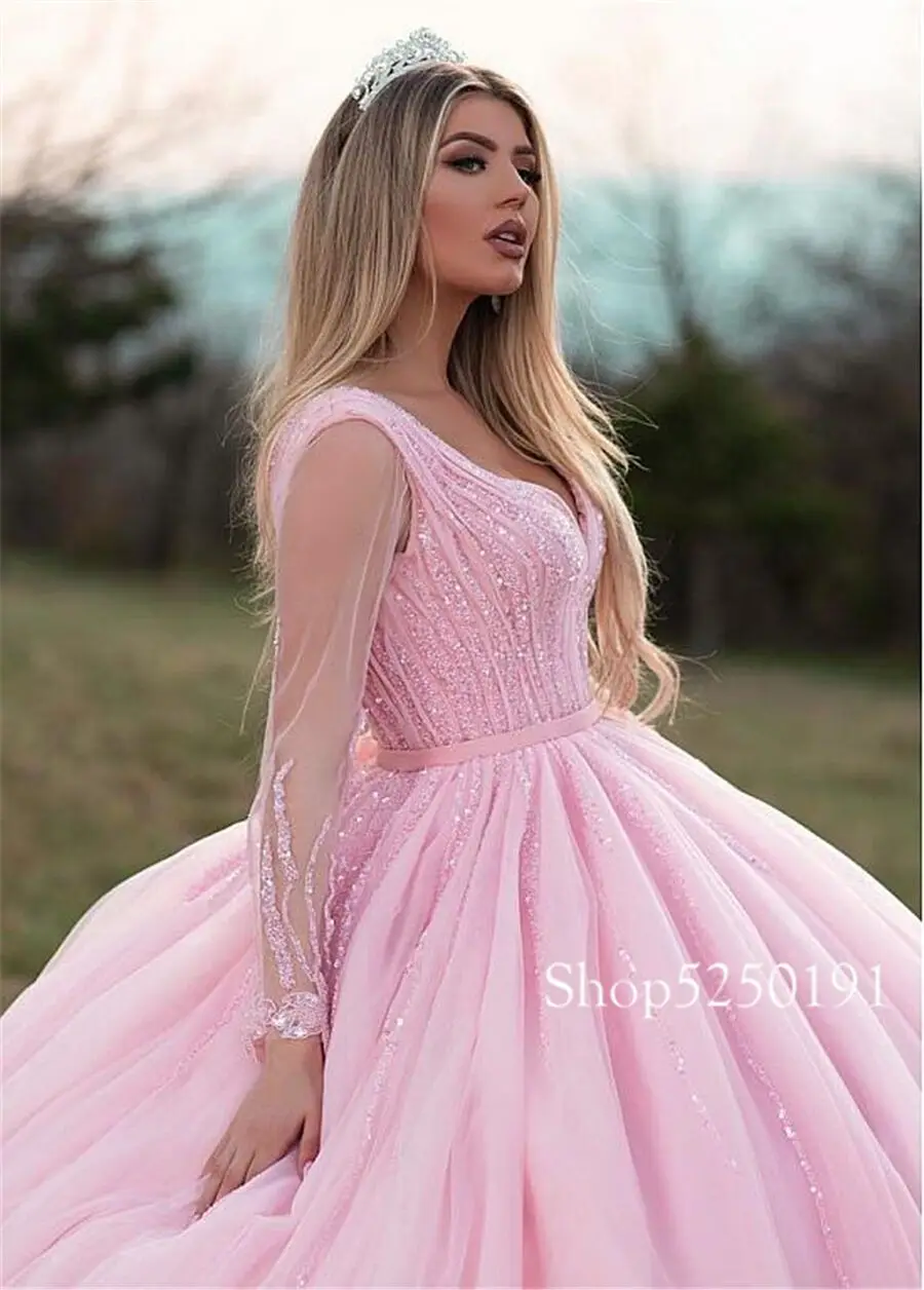 pink Милое Розовое Бальное Платье с длинным рукавом, бальное платье, бальное платье, платье на шнуровке для официальных мероприятий, вечеринки, выпускного бала, танцевальное платье для 15 лет - Цвет: pink