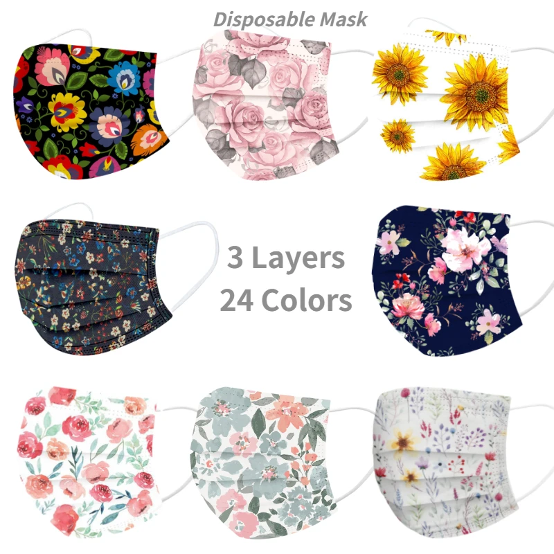 Mascarilla desechable con estampado Floral para adultos, máscara de 3 capas con estampado de flores, tela no tejida, máscara de filtro, 10 Uds.