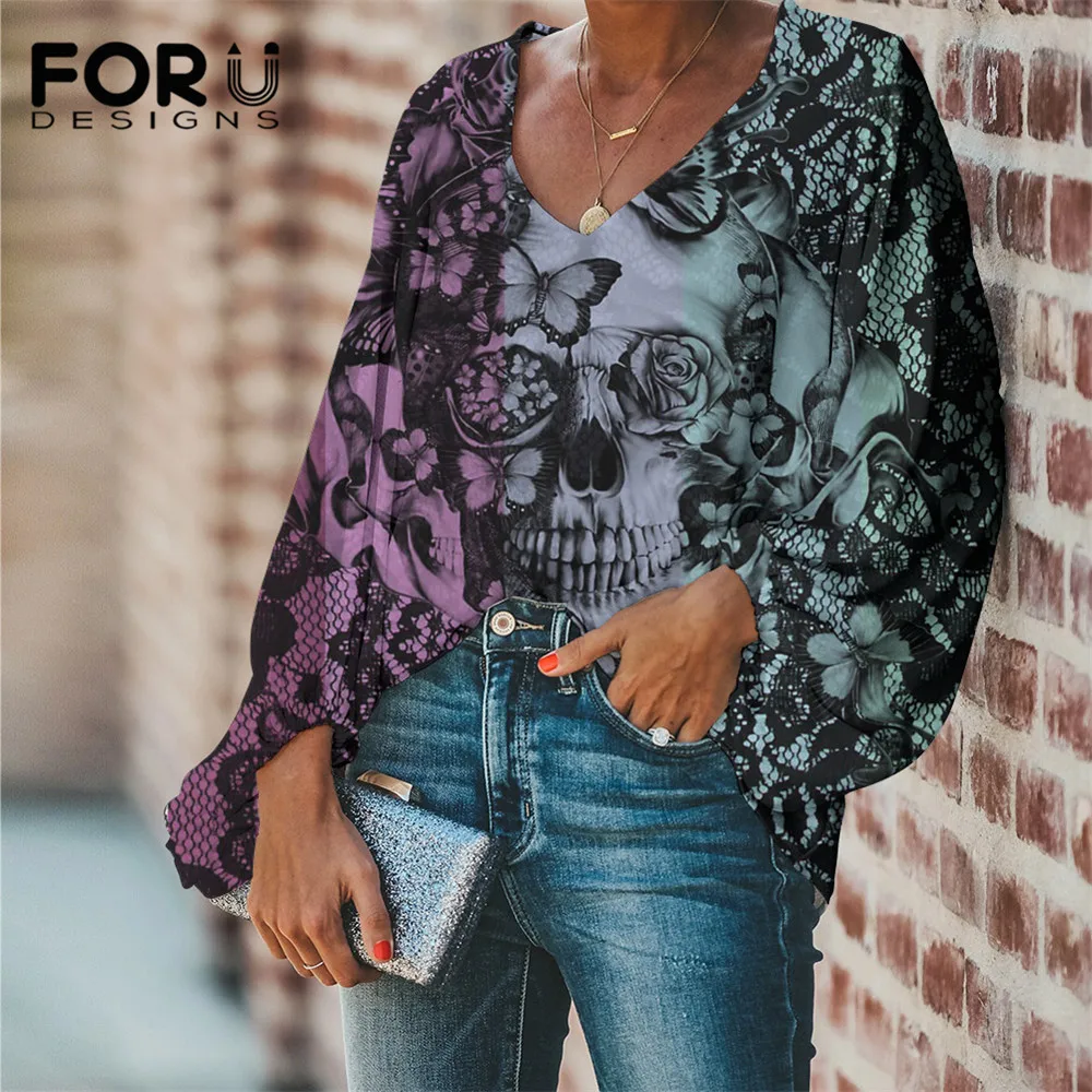 

FORUDESIGNS Gradient Day of Days Skull Butterfly Design Women Spring Autumn Loose Chiffon Blouse Female Sexy V-Neck Shirts Tops