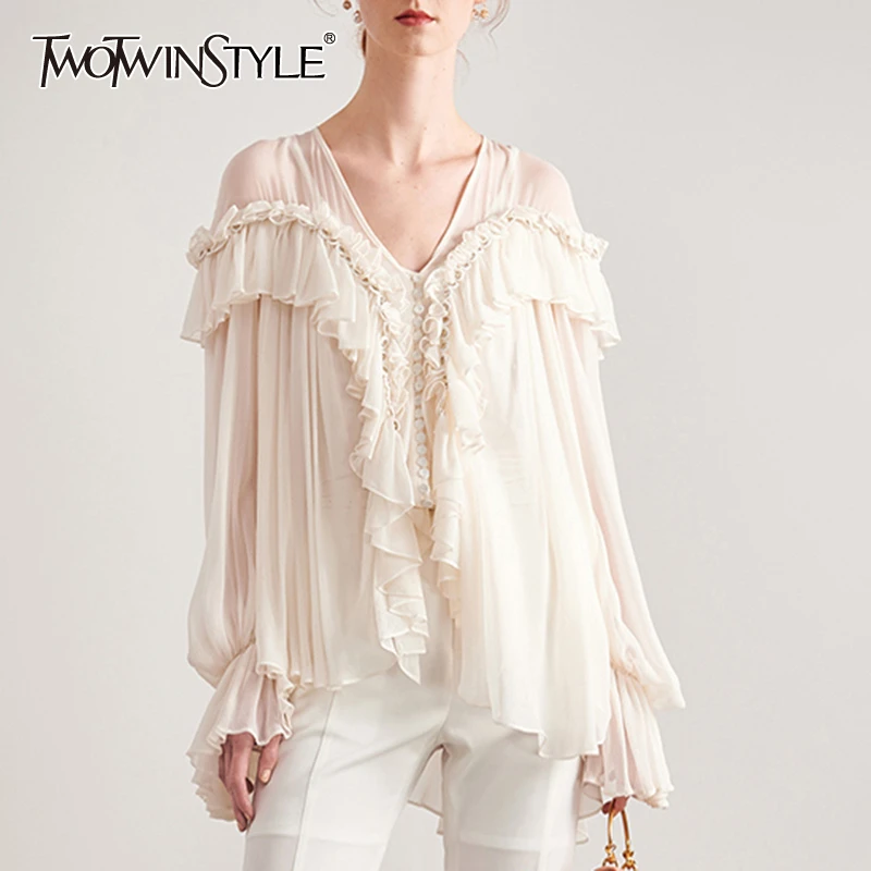 

TWOTWINSTYLE Ruffle White Women's Shirt V Neck Flare Sleeve Patchwork Beading Slim Blouse Female Summer Korean Fashion New 2019