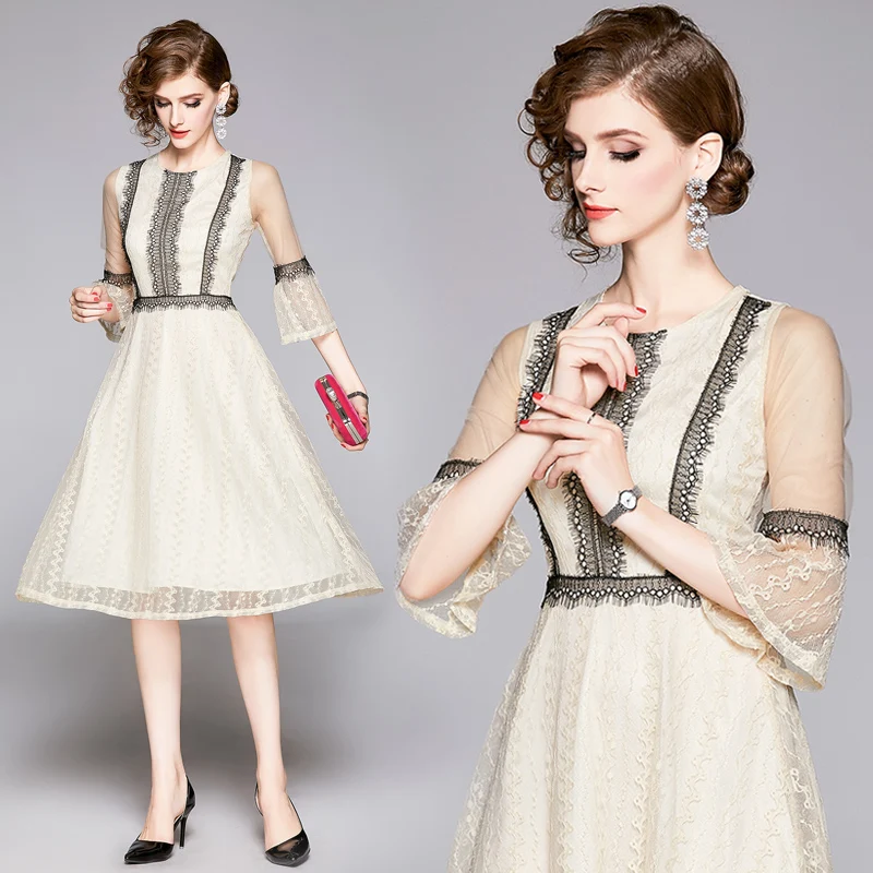 

2020 New Summer Waist Waist Thin Mesh Lace Temperament Round Neck Slim formal Women vintage sexy apricot dress