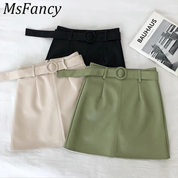 

2019 Skirts Women Solid Color High Waist Pu Leather Mini Skirt A-line Micro Skirt Matching Belt Streetwear