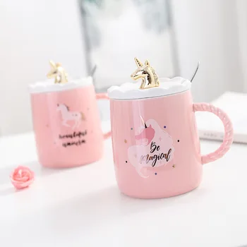 

Korea Cute Gold Drawing Unicorn Ceramic Mug with Lid Scoop Milk Coffee Mug 420ml Large Capacity Straight Body Mug for Women Gift