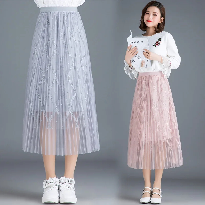 

Lace Base Skirt Spring And Autumn New Style Korean-style Skirt Medium-length A- line Skirt Lace Big Hemline Mesh Skirt