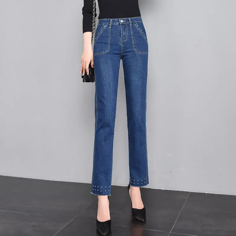 female stretch high waist pants free post tight pants trousers mom jeans combinaison pantalon femme Bead jeans blue 26-32 - Цвет: 1