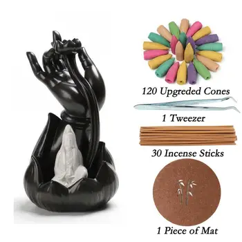 

Guangyin Backflow Incense Burner Smoke Waterfall Ceramic Incense Sticks Holder + 120 incense cones + 30 Pcs incense sticks + pad