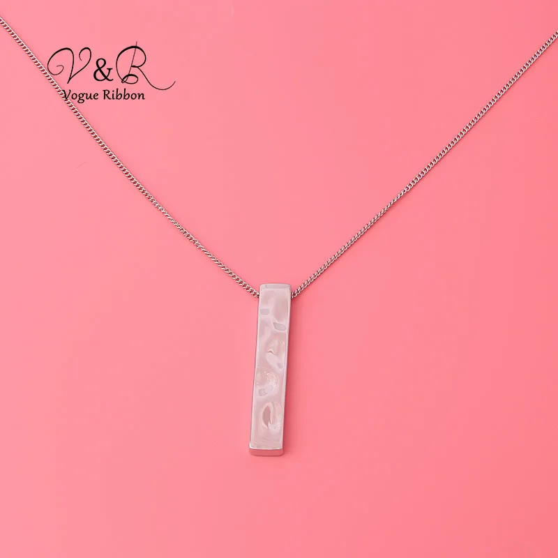 Soft hammered surface rectangle pendant necklace, high polished surface, basic style, sweater chain, imitation rhodium plated (3)