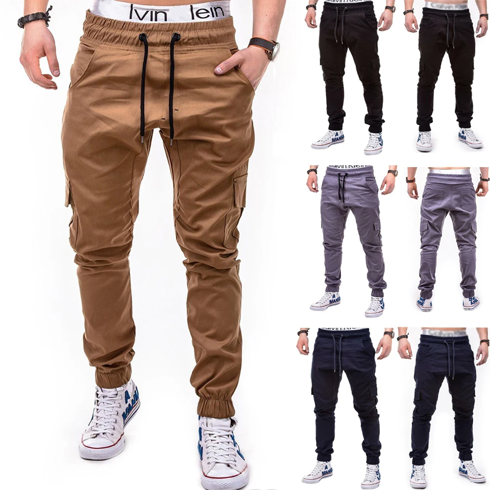 Горячая Распродажа, новые стильные мужские одноцветные повседневные брюки со шнурком и боковыми карманами, средняя талия