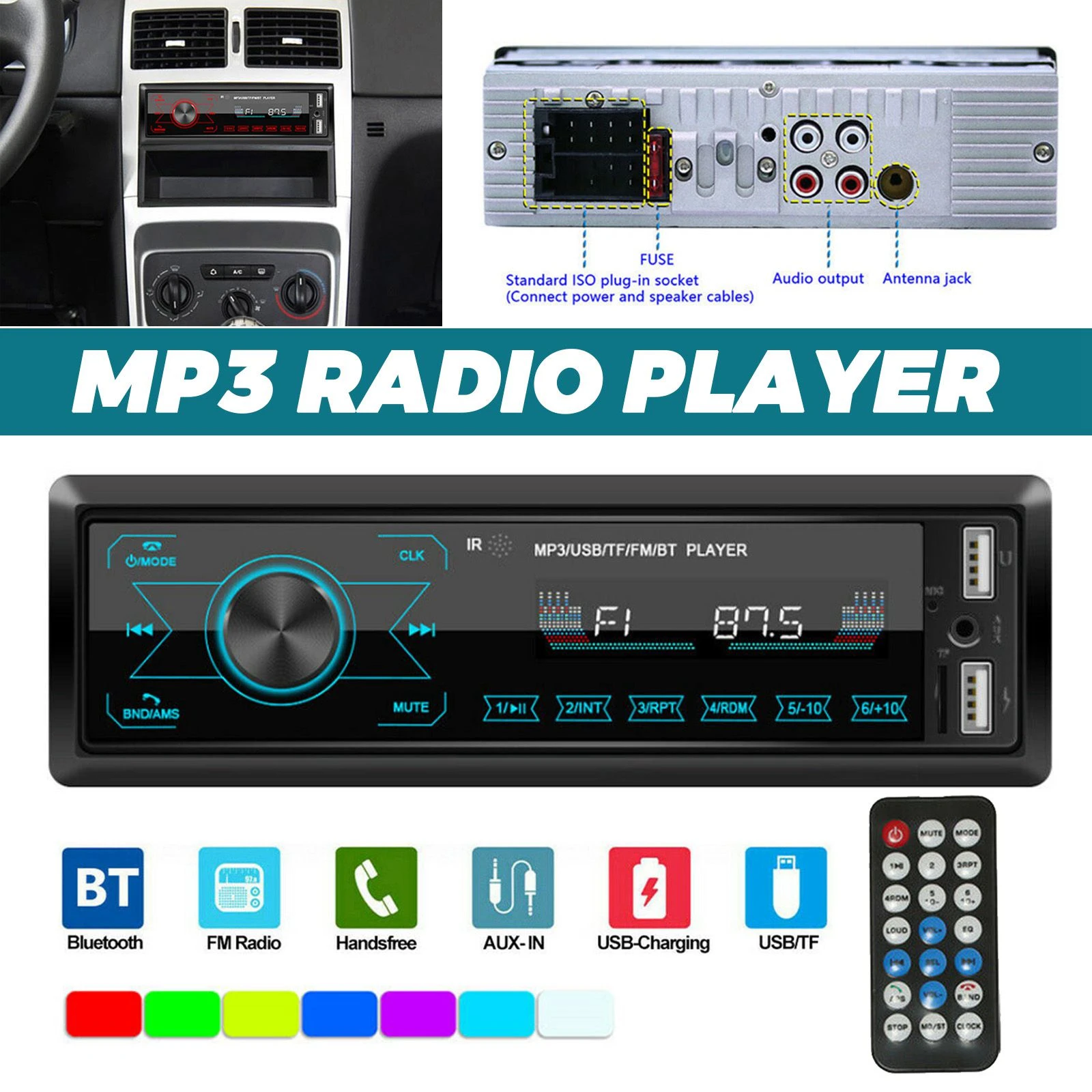 1 Din Dual Knob Car Stereo Audio InDash FM AuxIn Receiver USB MP3 Radio Player Car Audio In