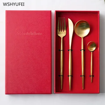 

4Pcs Direct selling hot dinner set tableware cutlery spoon kitchen tableware stainless steel brushed family party cutlery set