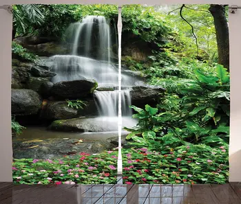 

Waterfall Curtains Waterfall Pond Flowers Tropical Plants Majestic Fresh Jungle Garden Living Room Bedroom Window Drapes Green
