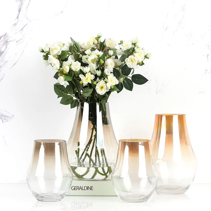 

1PC Glass Flower Vase Metal Color Art Vase Champagne Flowerpot Home Decor Craft Wedding Decoration Hydroponics Container
