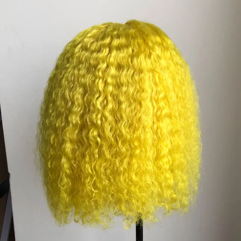 Yellow 613 блонд короткие тупым вырезом Боб кружева спереди цветные человеческие волосы парики Кудрявые Remy невидимая прозрачная HD парик имбирь красный розовый синий - Цвет: Yellow