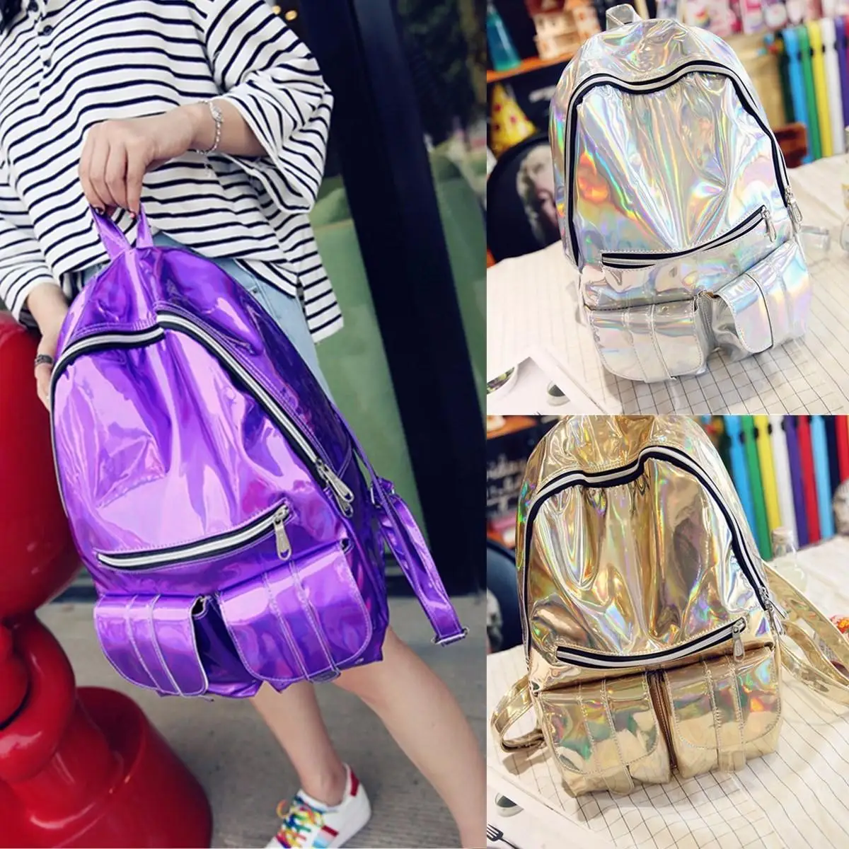 

Aequeen Laser Glossy Brand Backpack Female Casual Softback Girls School Bag Large Capacity Rucksack Double Zipper Travel Bags