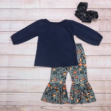 Vêtements d'automne pour filles, bleu marine, col extensible, haut à manches longues et pantalon gris foncé, Orange, imprimé léopard, tenues pour tout petits