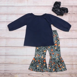 Outono meninas roupas azul marinho gola elástica manga longa superior e cinza escuro laranja leopardo imprimir roupas da menina da criança