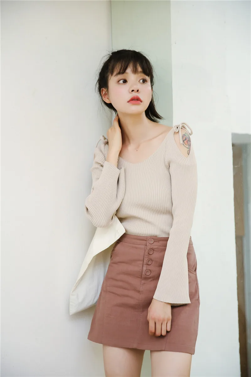Женские свитера Kawaii Ulzzang Осень с открытыми плечами свитер с ремешками женский корейский Толстый Harajuku одежда для женщин
