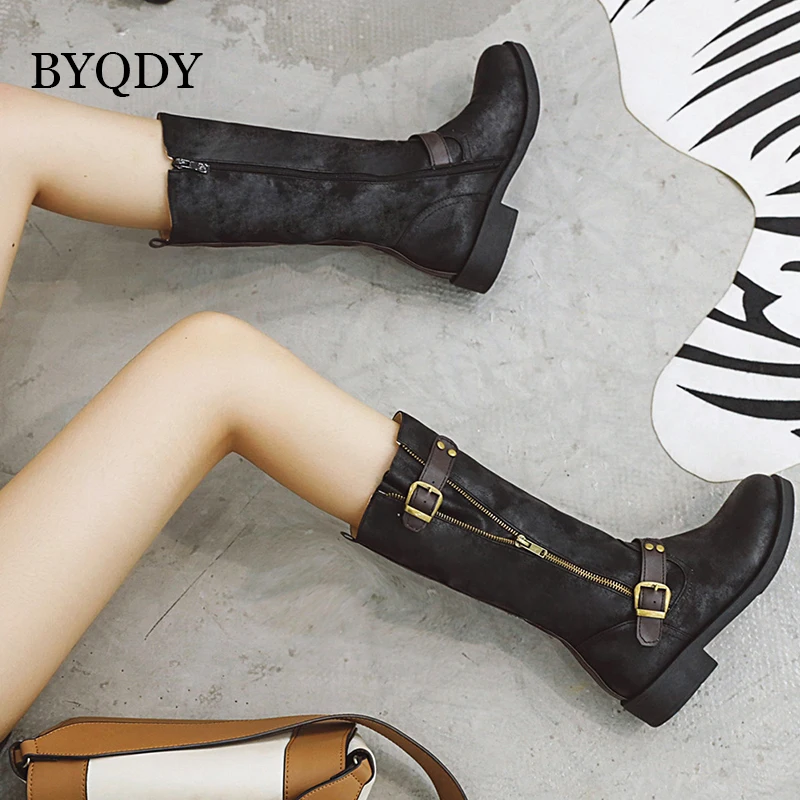 BYQDY Women Knee Boots Female Autumn Riding Motorcycle Boots Buckle Female Patent Leather Shoes botas largas mujer Plus Size 43