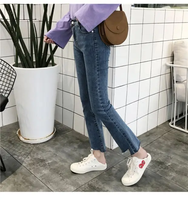 Women Hight Waisted Wide Leg Jeans Summer Autumn Stretch Slim Ankle Length Button Pockets Denim Flare Pants Plus Size