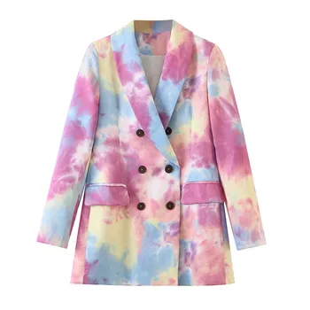 

2020 Fashion Autumn Double Breasted Tie-dye Blazers Coat Long Sleeve Pockets Female Blazers Feminino Outerwear Chic Tops