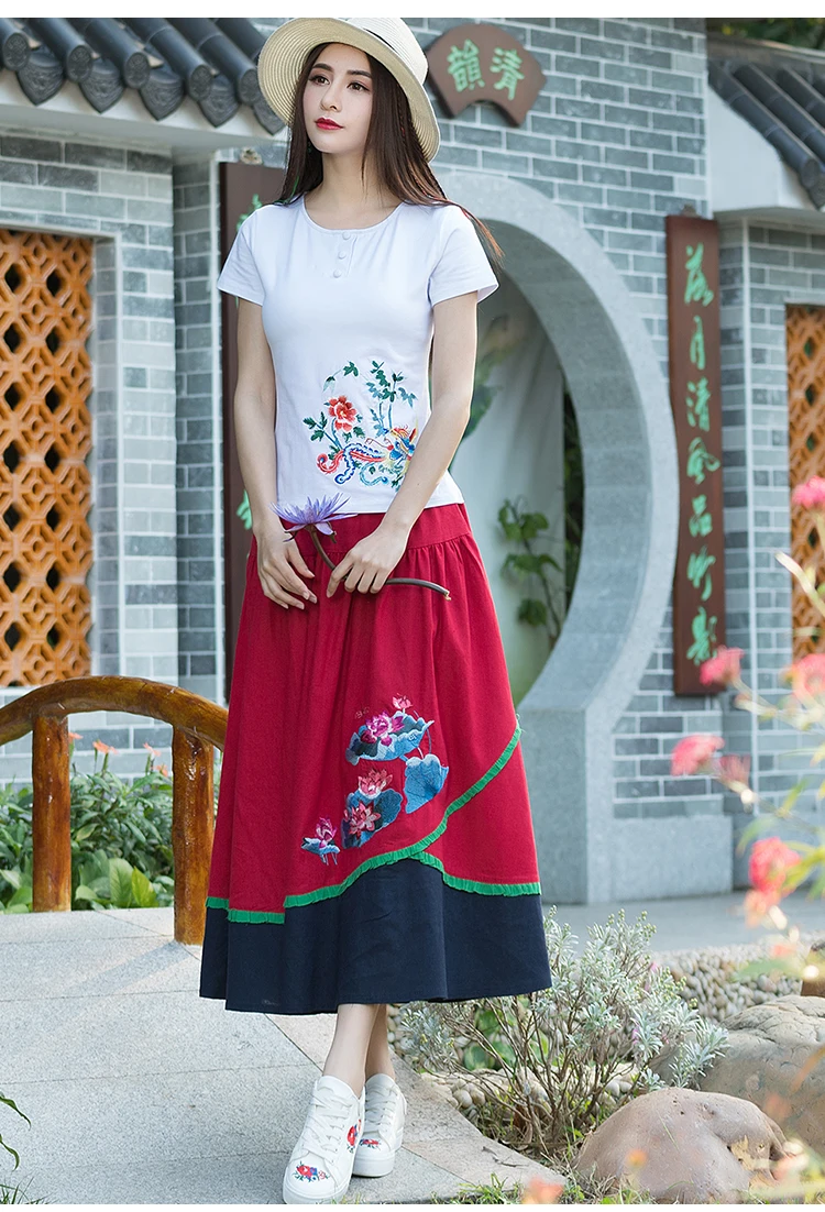 Faldas mujer moda винтажные юбки женские осень весна Мехико Стиль длинная синяя красная Лоскутная юбка с вышивкой jupe femme