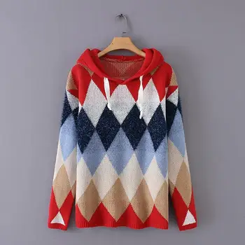 

Fall 2019 Winter Knitted Hooded Sweaters Women Pullovers Argyle Long Jumpers Thick Warm Harajuku Sweater
