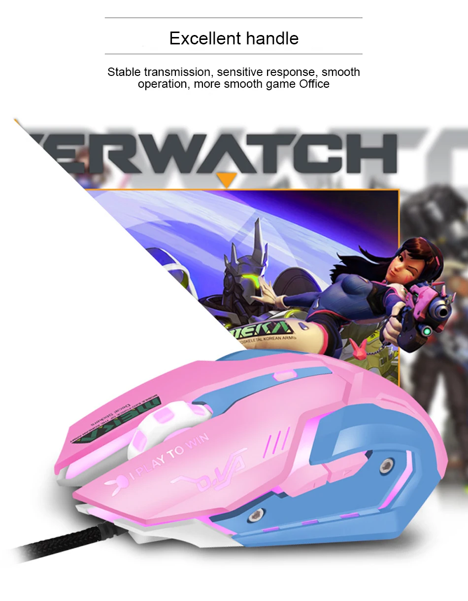 Ow dva розовая игровая офисная мышь для девочек, светящиеся соревнования, милая Проводная беспроводная мышь для ПК, ноутбука, CF Overwatch