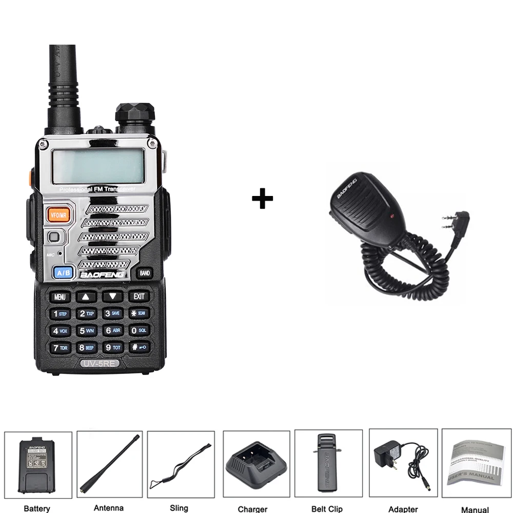 add 1 mic Baofeng BF-UV5RE, Любительское радио, портативная рация, 5 Вт, VHF UHF136-174, 400-520 МГц, радио, двухдиапазонное, двухстороннее радио - Цвет: add 1 mic
