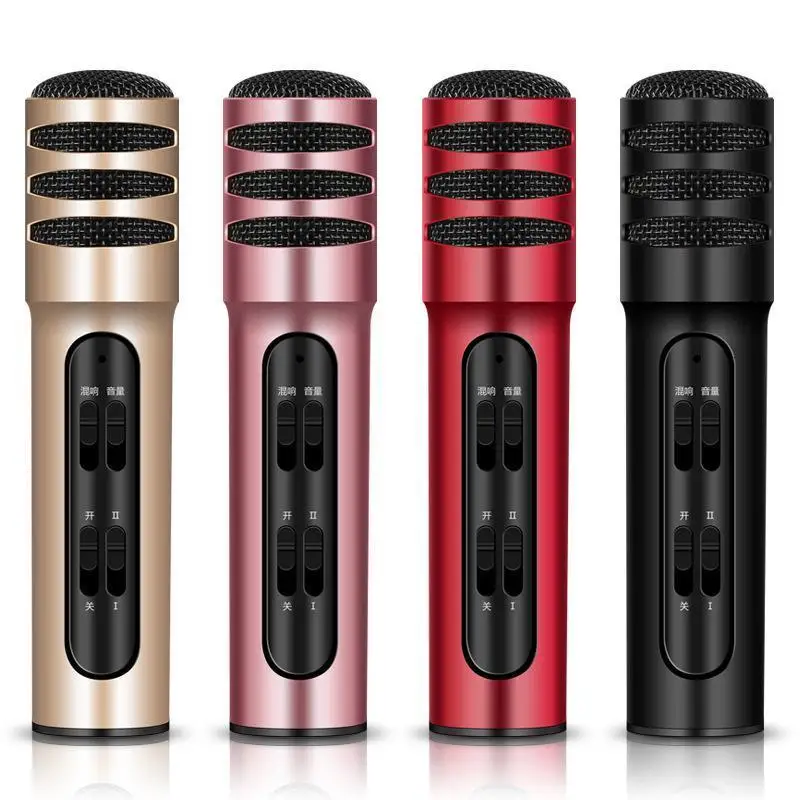 

Condenser Microphone Dual Mobile Phone Karaoke Live Singing Microphone Built-in Sound Card with free gift earphone
