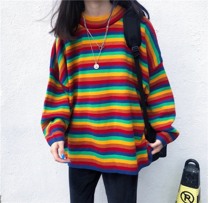 Women's Knit Sweater Loose Stripe Sweaters Long Sleeve Color Womens Pullover Japanese Kawaii Clothing Winter Clothes for Women