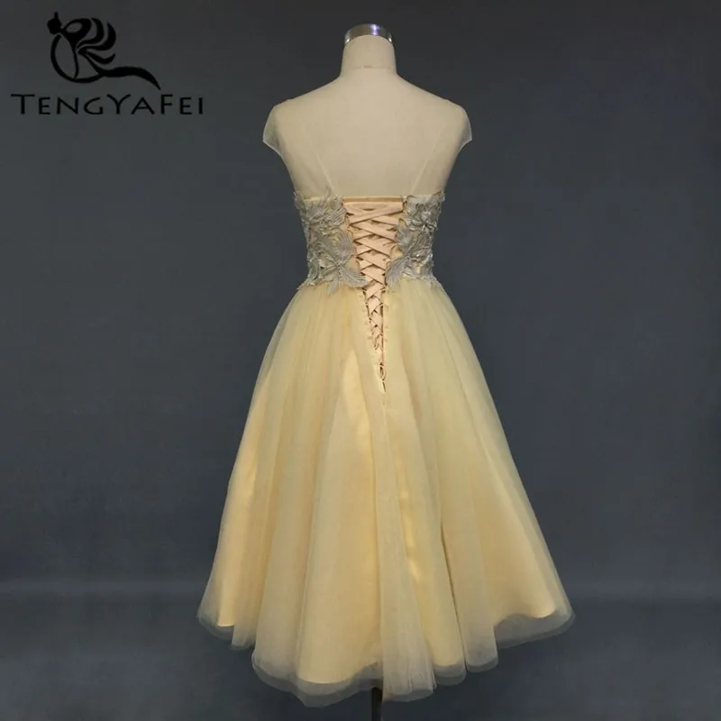 Vestido de noiva короткое платье для выпускного вечера ТРАПЕЦИЕВИДНОЕ кружевное Бисероплетение длиной до колена с коротким рукавом vestido de festa желтые платья подружек невесты