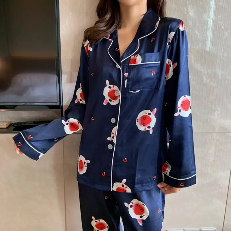 

[Jun xin] Korean-style Spring Women's Model Silk Fold-down Collar Printed Long Sleeve Trousers Home Wear Two-Piece Set