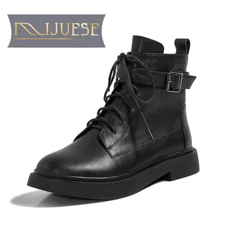 

MLJUESE 2021 women ANKLE boots Cow leather Winter short plush Round Toe zipper Buckle Strap Low heels female Riding boot size 41