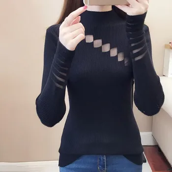 

Women Autumn Fashion Casual Round Collar Sweater Sweet Wild Mesh Stitching Hollow Knitwear