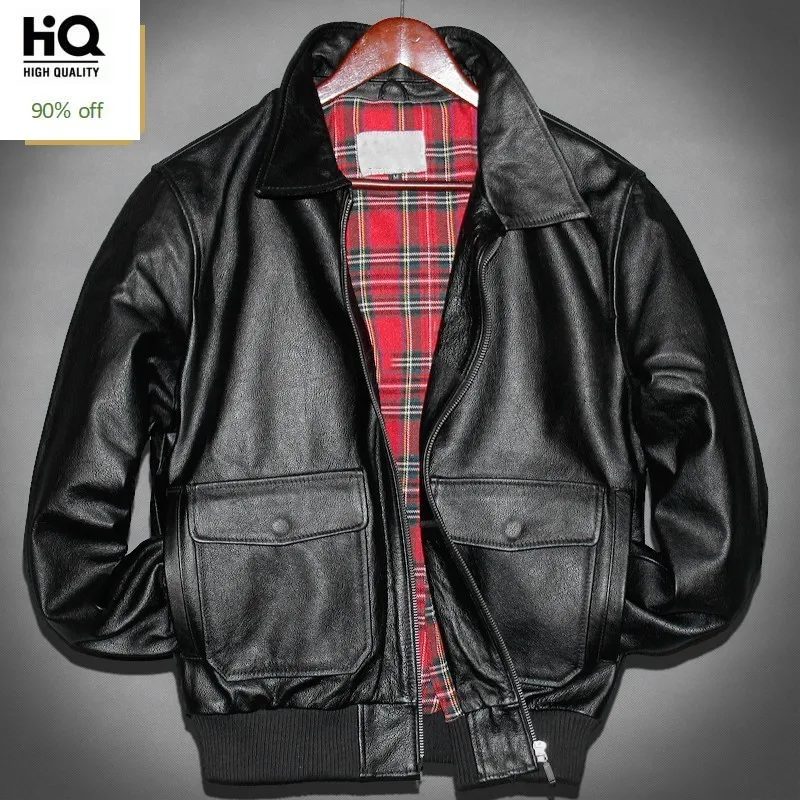 

2020 New Mens Pilot Flight Genuine Leather Bomber Jacket Pockets Plus Size Business Casual Cowhide Leather Chaqueta Cuero Hombre